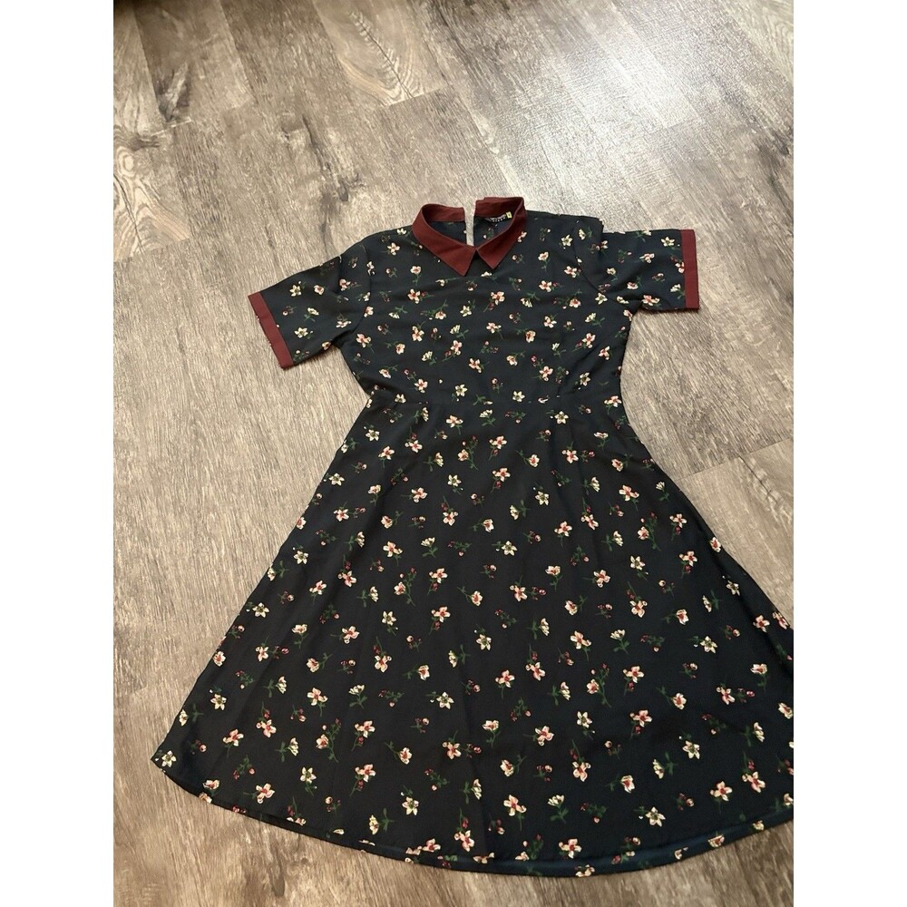 Tokyo Talkies Urban Dress Sz M Fit N Flare Floral Collar Cottagecore Lined Navy